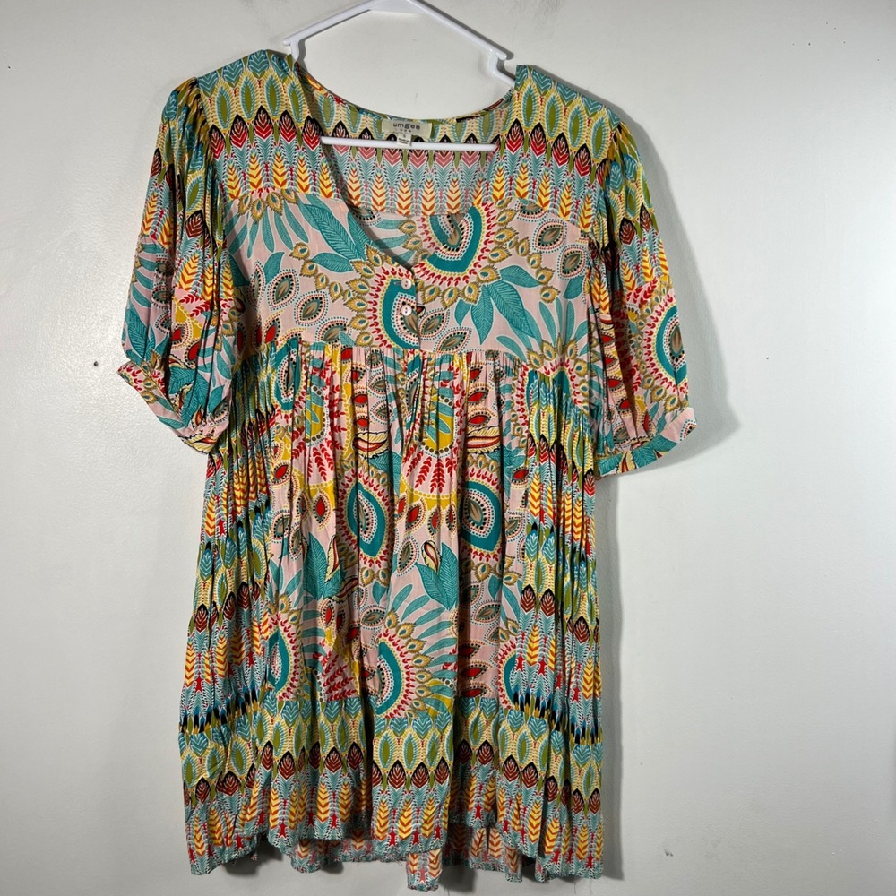 Umgee V Neck Baby Doll Floral Tunic Dress S Pink Teal Pockets Rayon